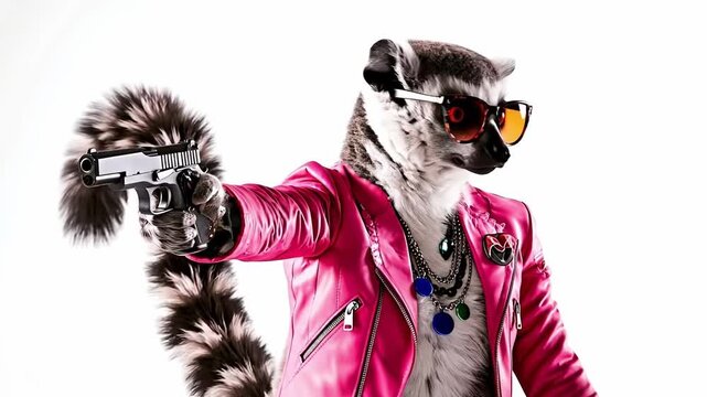A lemur in a pink jacket holding a gun and wearing sunglasses