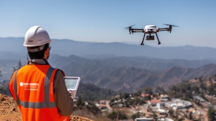 Focused medium shot on certification trainee calibrating drone equipment blurred natural landscape reinforcing dedicated field setup for controlled drone instruction.