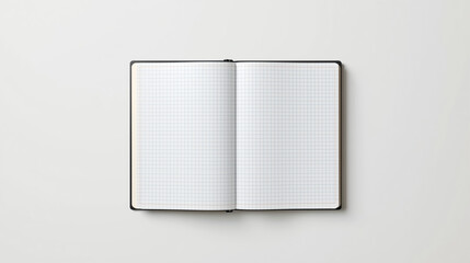 A minimalist top-down flat lay of an open notebook on a white background, showing blank graph paper with faint blue grid and subtle red margin lines, is centrally aligned with a soft shadow along the 