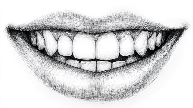 Pencil drawing of a laughing mouth on white background, hand-drawn sketch of a smile with teeth.