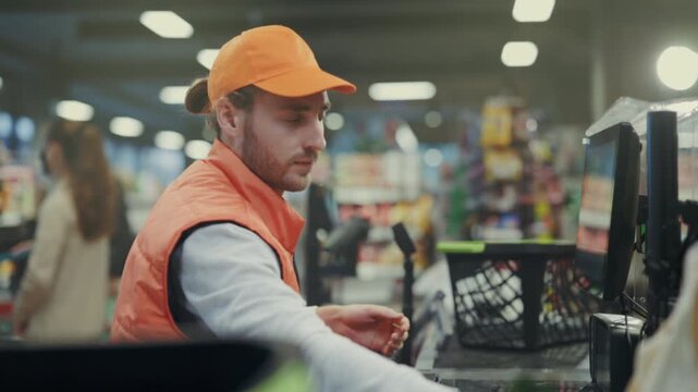 Polite dispute at checkout counter, Clerk in orange vest managing customer disagreement calmly and professionally