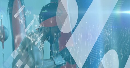 Network of connections and statistical data processing over african american male boxer practicing - Powered by Adobe