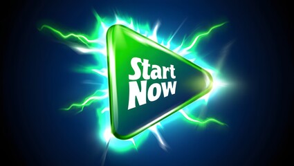 Energetic 'start now' button glowing with electrifying lightning on a dark blue background