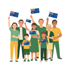 Fototapeta premium Australia Day Family Celebration Vector with Parents and Children Holding Australian Flags on White Background