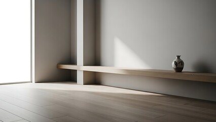 Minimalist Empty Interior with Wooden Shelf and Natural Light