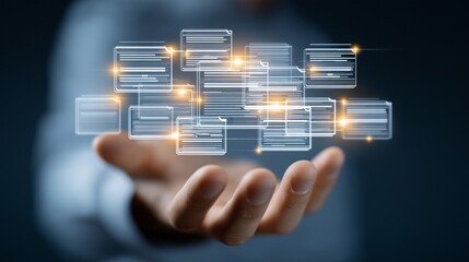 A hand extends towards various floating electronic documents, symbolizing the integration of technology in business management