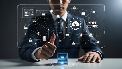 A businessman in a suit gives a thumbs up to a cyber secure network interface