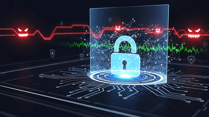 A glowing blue padlock is protected by a transparent cube on a circuit board with red and green graphs in the background.