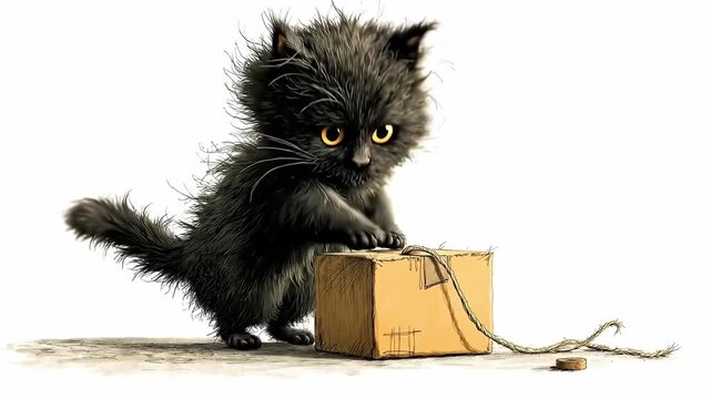 A black cat is playing with a cardboard box