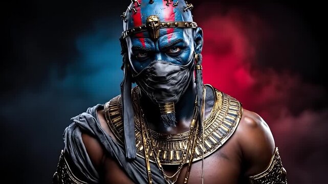 A man wearing a mask with a red and blue face paint