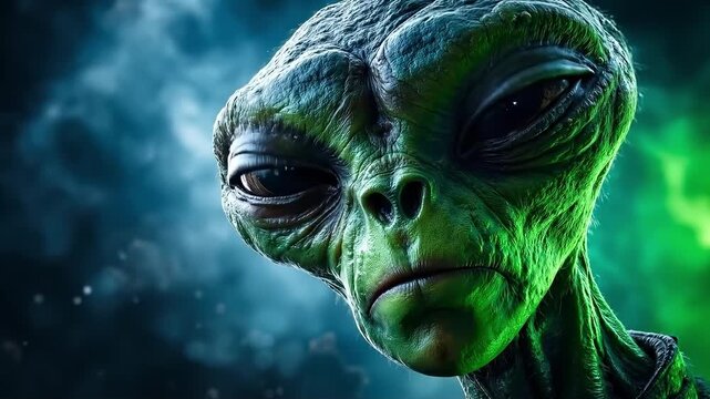 A close up of an alien face with a green background