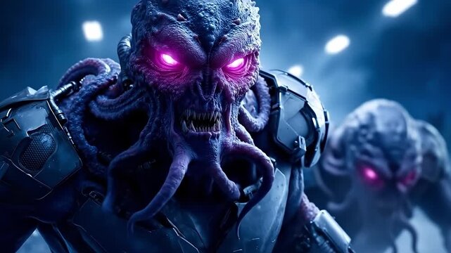 A man with a giant octopus head and a giant squid head in a dark room