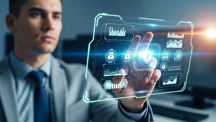 A businessman interacting with a futuristic digital interface in a modern office setting.