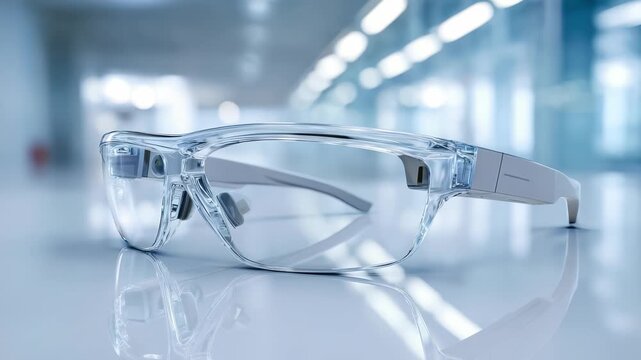 Modern transparent eyeglasses with clear lenses rest on a glossy surface in a bright, futuristic office environment. Sleek design and advanced materials highlight contemporary eyewear trends
