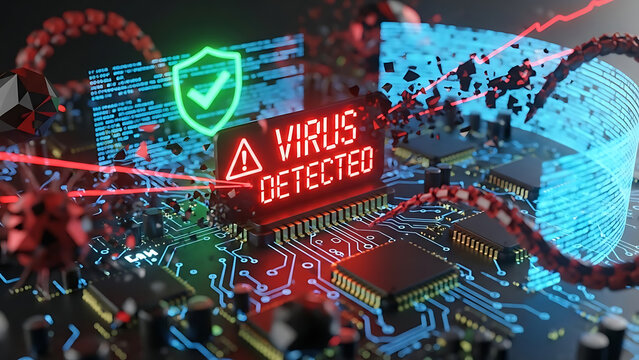A computer circuit board displays a virus detected warning with a green shield and red virus particles - Powered by Adobe