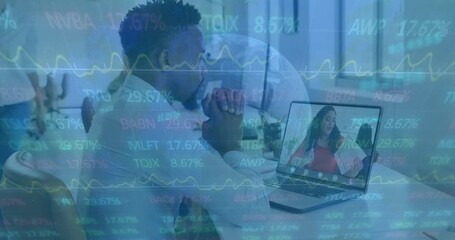 Animation of financial data processing over business people in office - Powered by Adobe