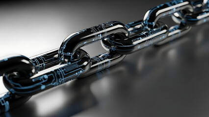 A close-up view of a metallic chain with circuit board patterns on a reflective surface