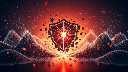 A broken shield with a glowing light in a digital landscape represents cybersecurity and protection