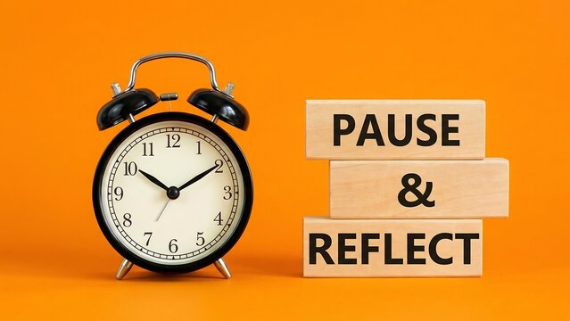 Pause and Reflect symbol. Concept words Pause and Reflect on wooden blocks. Businessman hand. Beautiful orange background with alarm clock. Business and Pause and Reflect concept