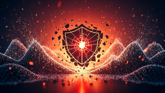 A broken shield with a glowing light in a digital landscape represents cybersecurity and protection - Powered by Adobe