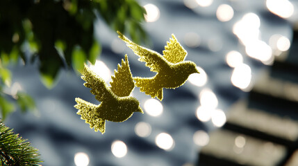 Birds flying over water during daytime. Two birds soar above the water with bright reflections under sunlight in a natural setting.