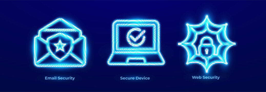 Cyber security email protection secure device web shield icons. Glowing data background for website header, app, IT presentation. Security icons for cyber security products. Vector illustration.