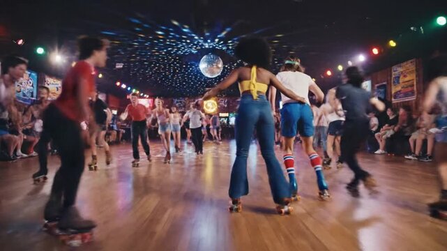 People Roller Skating in Retro Disco Roller Rink with Mirror Ball Lights