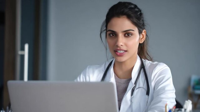 Confident Physician with Stethoscope: An astute, capable doctor in a pristine lab coat, adorned with a stethoscope, utilizes a laptop.