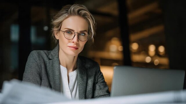Focused Vision: A dedicated businesswoman, her gaze concentrated and astute, sits poised before her laptop, reflecting her relentless pursuit of excellence.