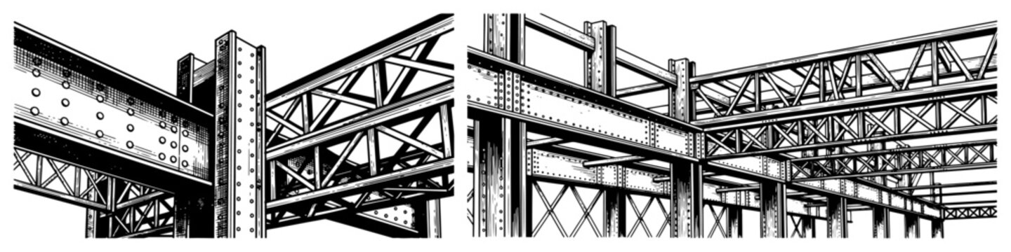 Industrial steel construction framework with beams and girders in retro sketch style