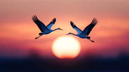 Fototapeta premium Cranes fly against sunset sky. Two cranes are flying in front of a large sun setting in the background. The sky has colors of orange and purple.