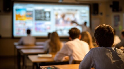 Medium shot of a smart classrooms projection wall displaying educational content with students and desks out of focus in foreground.