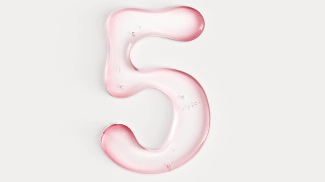 Pink cosmetic liquid drop transforming into number five on white background. Animation of viscous serum or hair gel flowing into digit shape. Abstract countdown or anniversary concept.