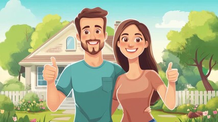 Happy couple celebrating their new home in a cheerful neighborhood with sunny weather