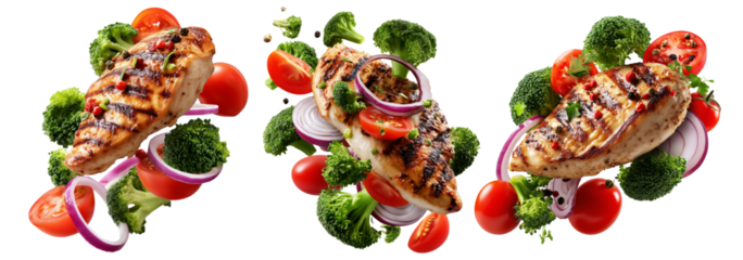 Grilled chicken breast with fresh broccoli florets and ripe tomatoes on white background. Concept of healthy food and fitness