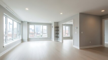 Empty Apartment Interior with Large Windows and City View