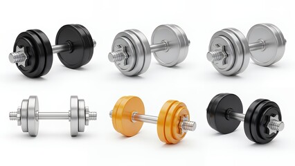 Set of 3D Rendered Adjustable Dumbbells in Black, Silver, and Gold for Fitness and Weightlifting.