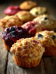 Assorted Berry Muffins with Crumb Topping on Rustic Wood
