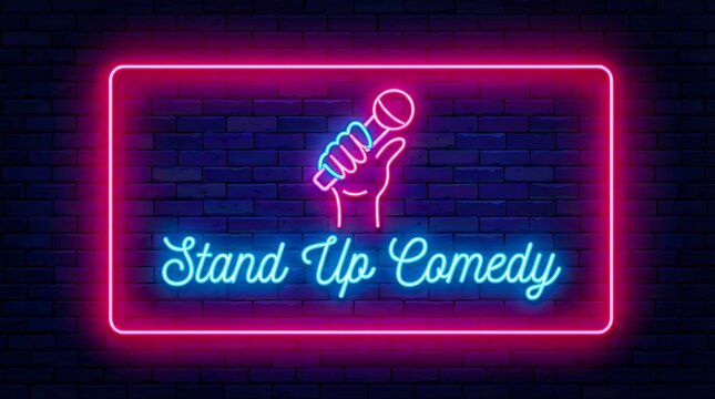 Stand up comedy neon sign with microphone icon
 - Powered by Adobe