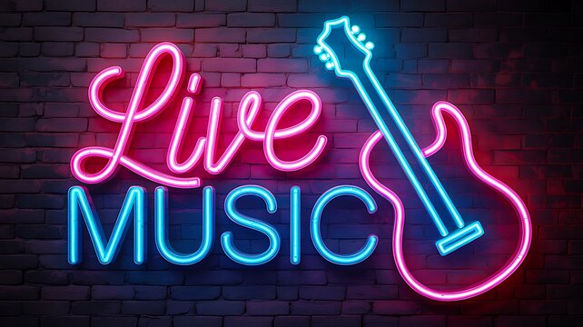 Live music neon sign with guitar for concert promotion

