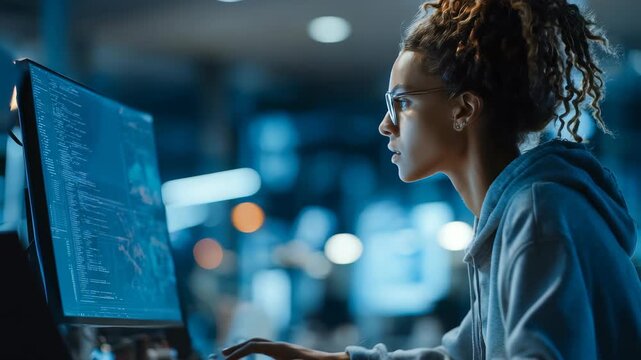Focused young female software developer works late at night in a modern office, analyzing code on a large monitor. She wears glasses and a hoodie, immersed in a high tech workspace