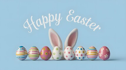 Happy easter celebration with colorful decorative eggs and white bunny ears on a light blue background