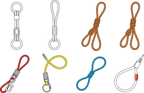 Collection Of Colorful Climbing Rope Lanyards And Paracord Keychain Accessories With Metal Rings Carabiners And Knots For Outdoor Gear Isolated Vector Illustration.