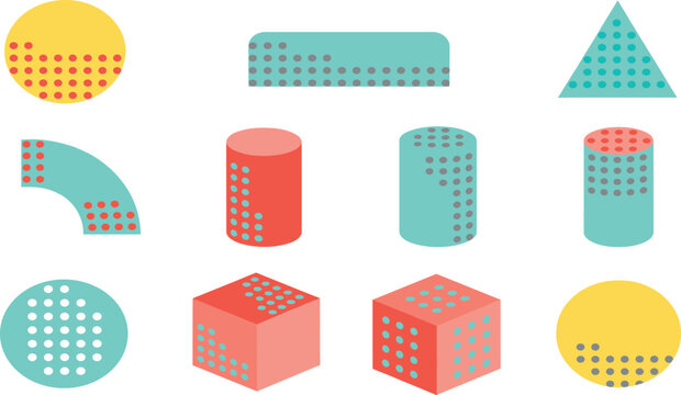 Modern abstract 3D geometric shapes set with halftone dot patterns including colorful cubes cylinders spheres and blocks for creative graphic design and background elements
