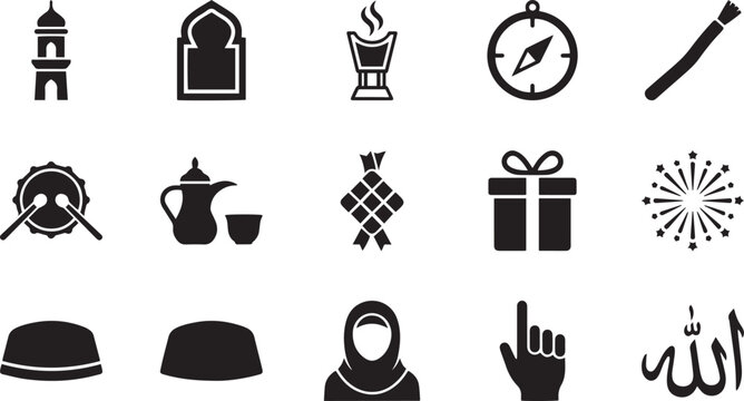 Religious icons set with minaret mihrab incense burner compass miswak drum coffee pot ketupat gift box fireworks skullcap hijab woman and allah calligraphy for islamic holy events and celebrations