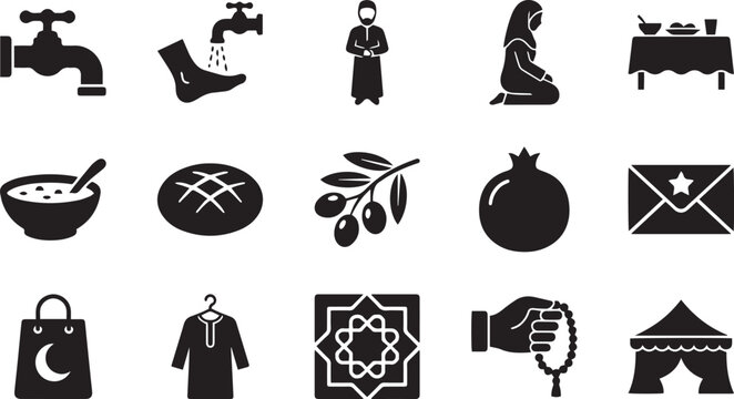 Islamic practices icons set with wudu ablution prayer woman table food soup bread olives pomegranate envelope shopping bag thobe islamic pattern and tasbih beads for ramadan kareem vector design