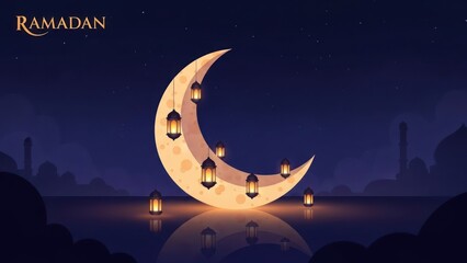 Naklejka premium Crescent moon and lanterns illustration for ramadan holiday celebration
