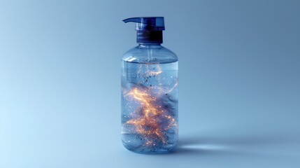 A clear plastic bottle filled with blue liquid and a fiery orange substance inside, against a light blue background.
