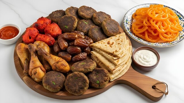 Ultimate Ramadan Iftar platter with chicken tikka, shami kabab, paratha, dates and jalebi sweets