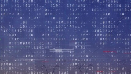 Animation of binary coding data processing over blue background - Powered by Adobe